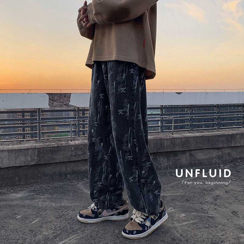 Picture of High Street Style Jeans Men's Summer Fashionable Loose Straight Wide Leg Dipped Pants Couple's Simple Pants