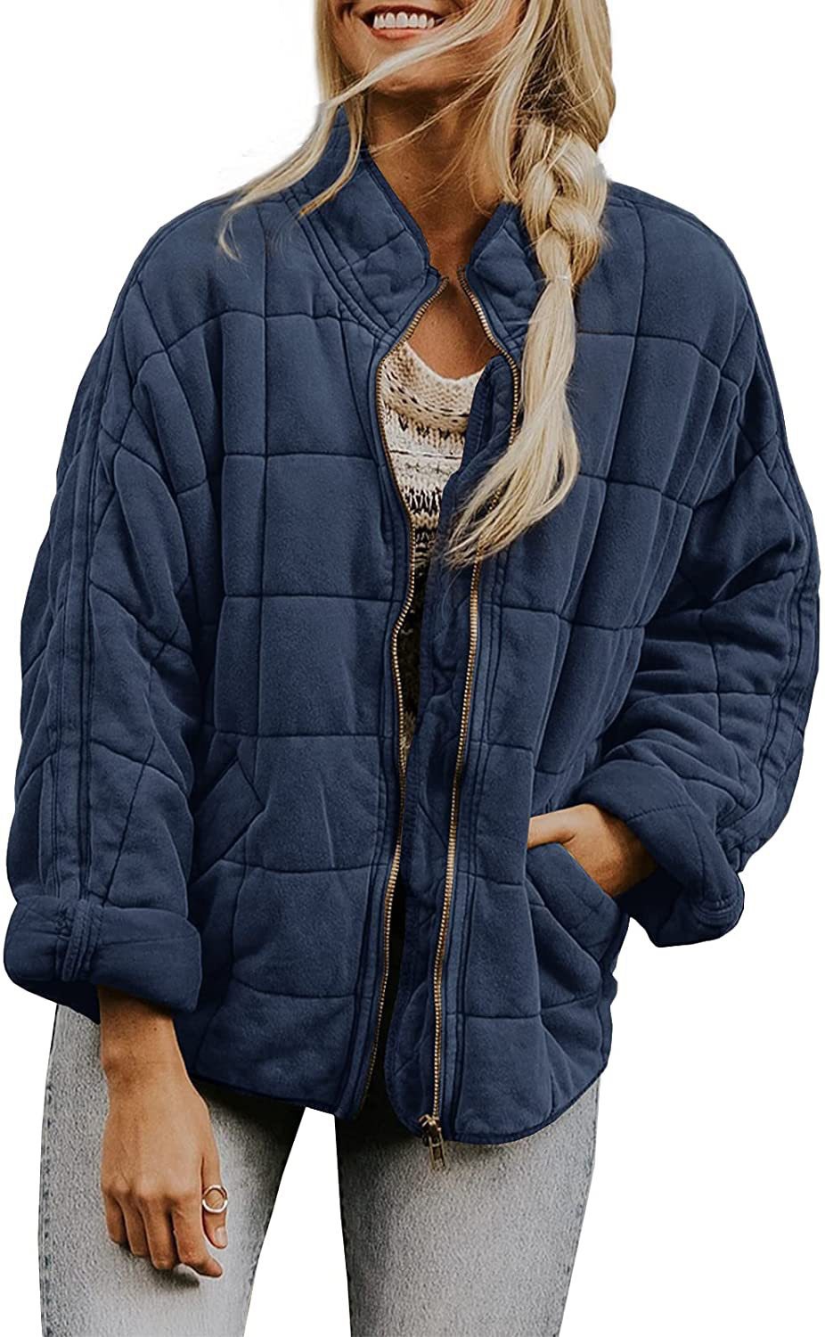 Picture of Cross-border foreign trade Amazon solid color stand collar cotton-padded jacket 2024 European and American women's loose long sleeve pocket jacket