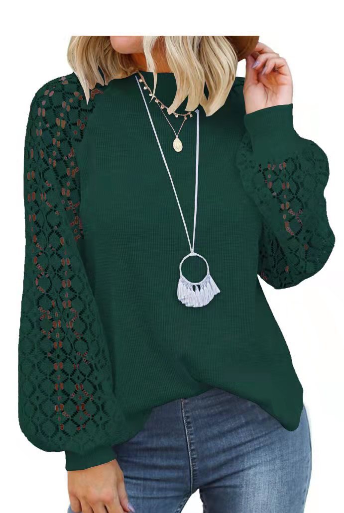 Picture of 2025 New Women's Clothing Amazon Cross-Border Round Neck Long Sleeve Lace Patchwork Loose Top for Women