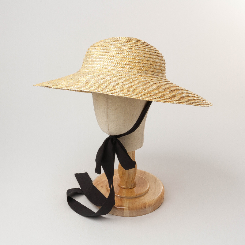 European, American and British Retro Fashion Shallow Top Large Cornice with Strap Children's Straw Hat Concave Shape Photography Sunscreen Large Straw Hat