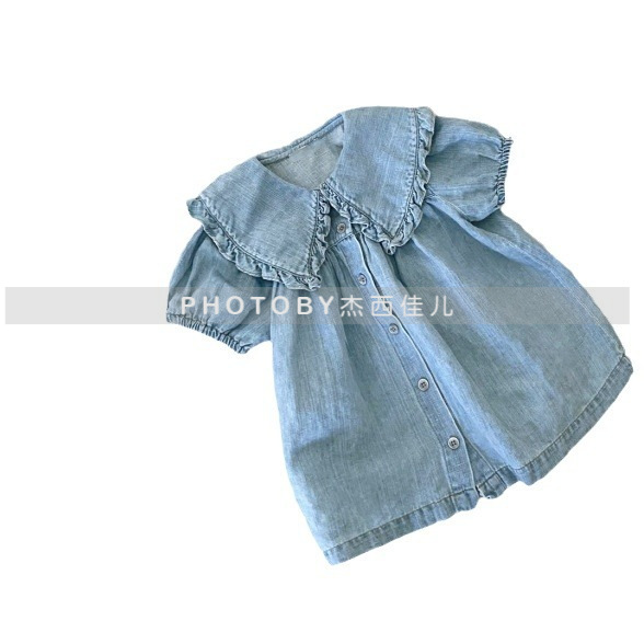 Picture of Girls Ins Korean Style Spring and Summer New dress Children's Lace Large Lapel Puff Sleeve Denim Princess Doll Dress