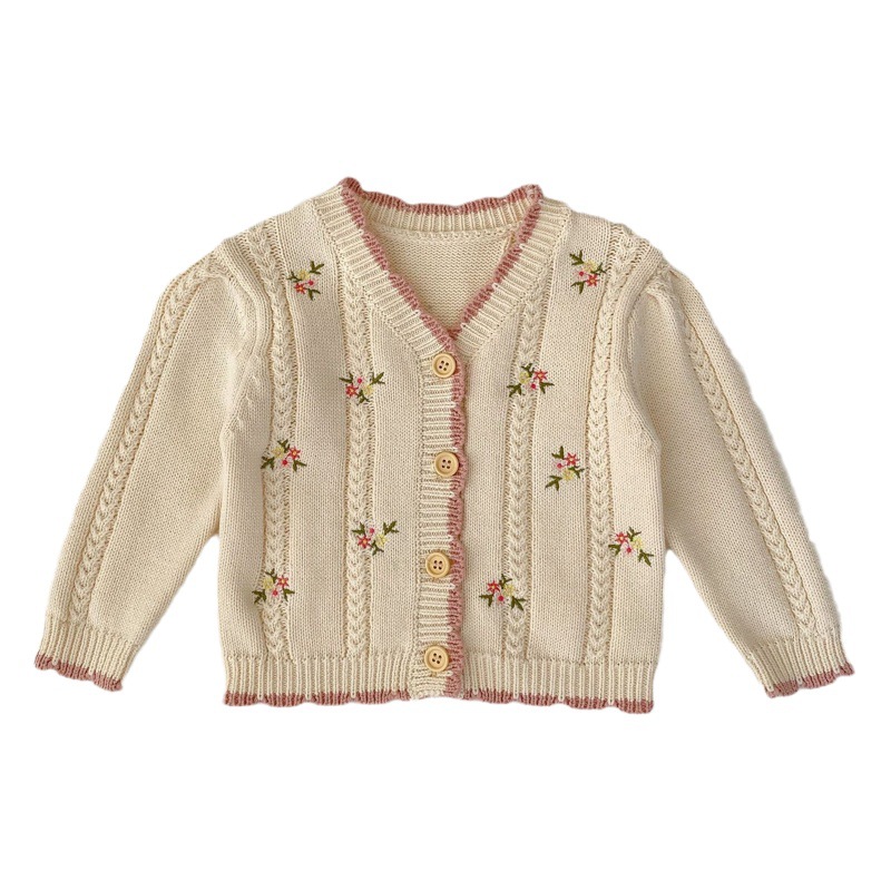 2025 Autumn Internet Celebrity Cotton Yarn Versatile Infant and Toddler Baby Girl Small Floral Embroidered Long-Sleeved Knitted Cardigan Jacket