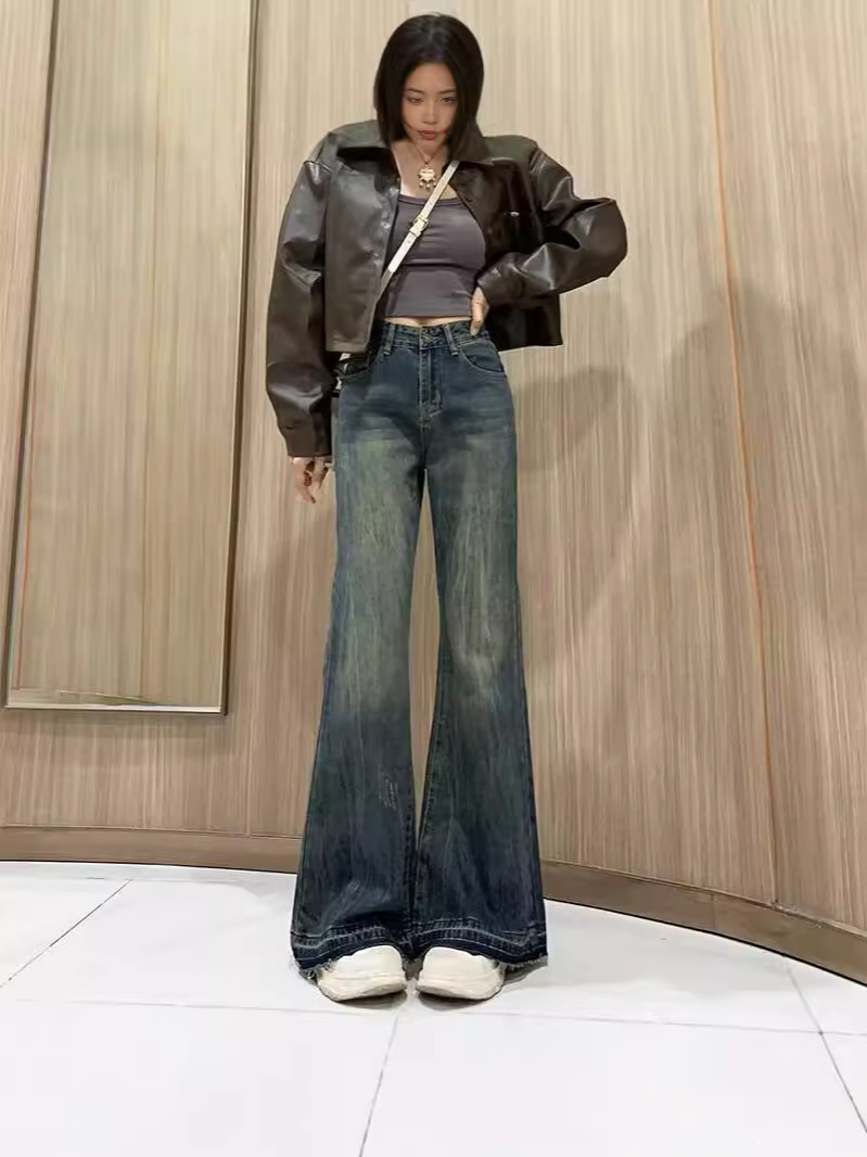 High Waist Micro La Jeans Girls Autumn 2024 New Retro Blue Loose Wide Leg Trendy Trumpet Pants