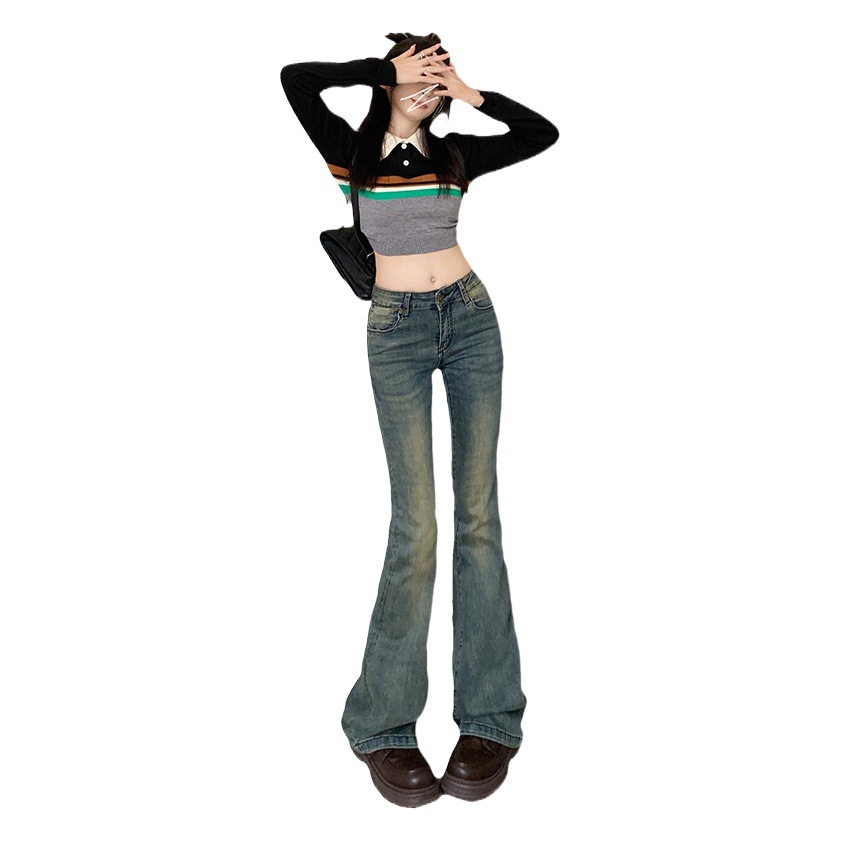 American Hottie Low-Waisted Washed Distressed Bootcut Jeans for Women 2024 Spring & Fall New Elastic Slimming Look Bell-Bottom Pants