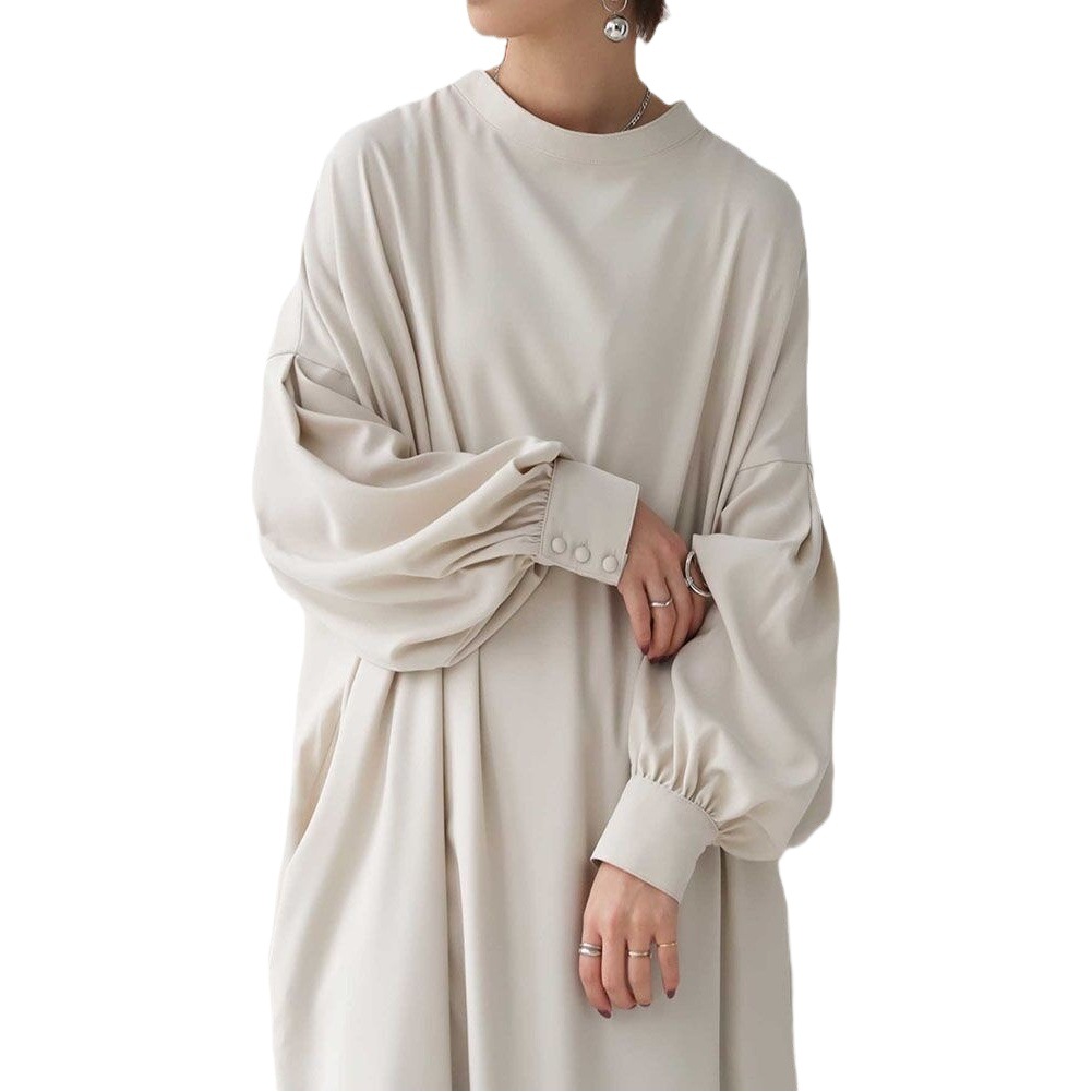 Cross-border Hot Selling 2023 Japanese-Korean Style Ins Round Neck Loose Slimming Lantern Sleeve Single-breasted Long Dress