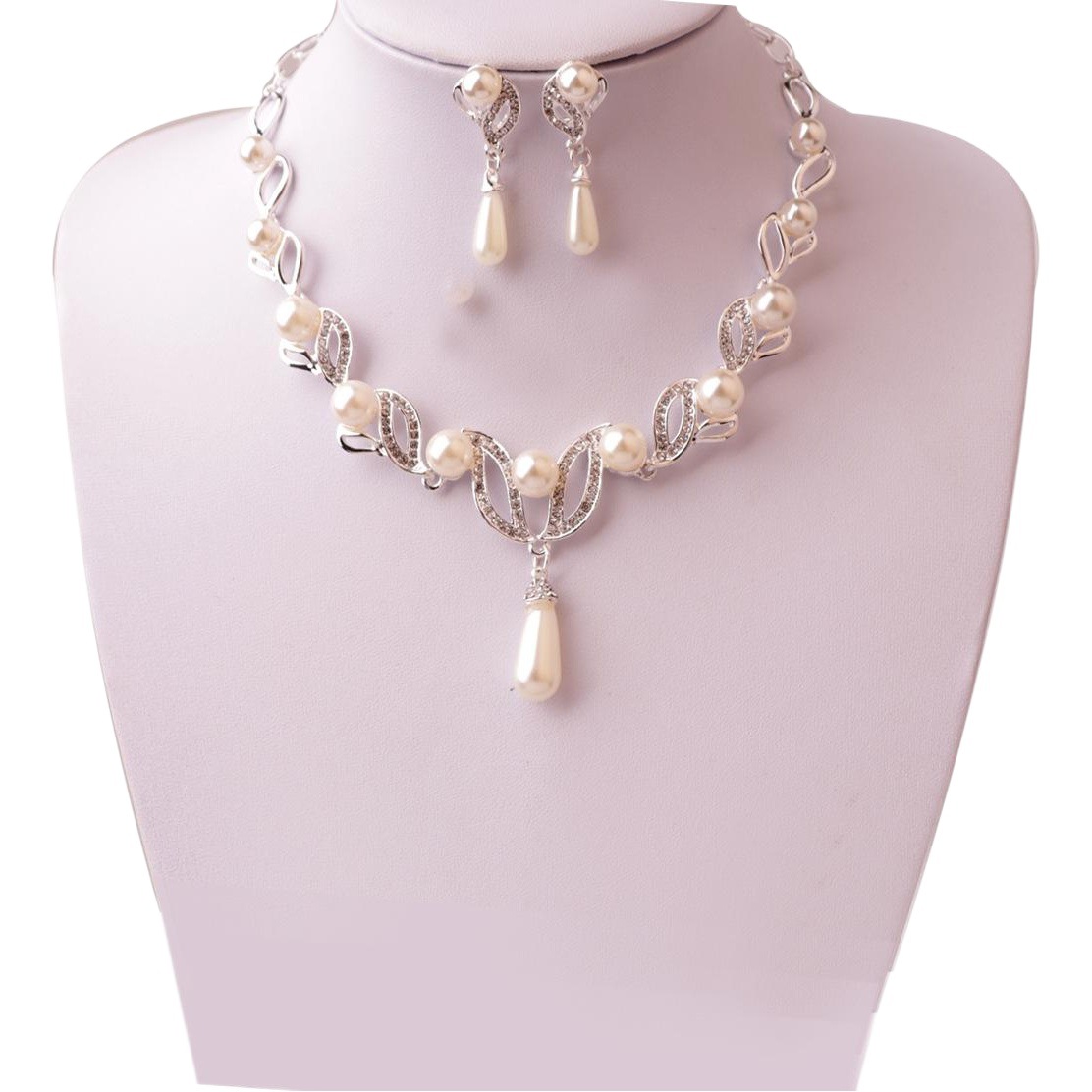 Bride leaf shaped long water drop pearl necklace European and American elements Amazon explosion set chain two-piece wholesale