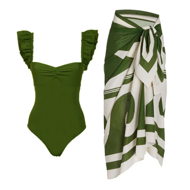 European and American in stock one-piece belly-covered backless sexy 2025 new swimsuit women's chiffon printed beach skirt swimsuit suit