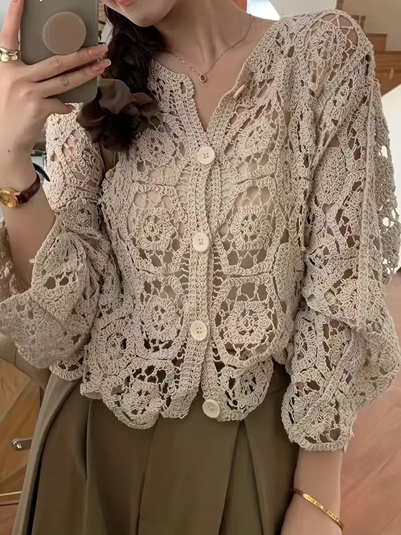 Designed Lace Hollow Knitted Cardigan Women's Thin Top Long-Sleeved Summer Outer Sun Protection Blouse Small Jacket