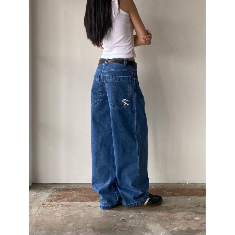 American Style Street Retro Pocket Embroidered Hot Girl Harajuku Loose Wide Leg High Street Classic Harajuku Casual Denim Pants