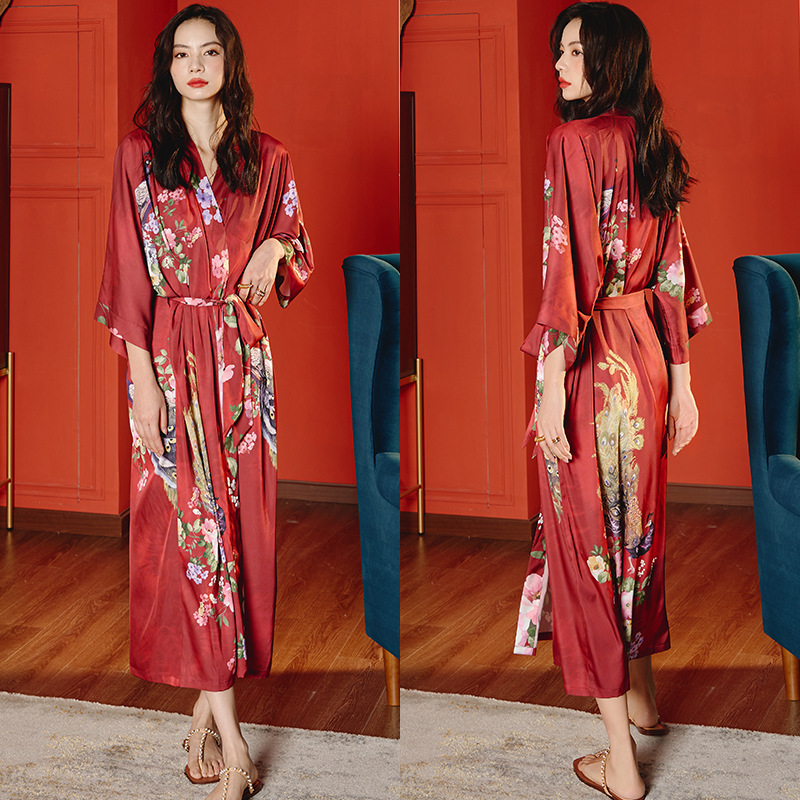 Picture of Yaoting Satin Printed Pajamas for Women Summer Large Size Accessible Luxury Three-Quarter Sleeves Cool Long Nightgown Home Wear Women Wp2669