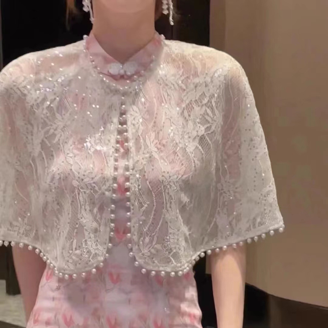 Picture of Summer 2025 Elegant Annual Meeting Wedding Shawl Cardigan Chinese Style Lace Thin Cheongsam Poncho Shawl Jacket