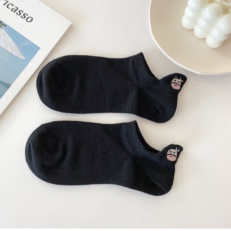 Picture of Black and White Cow Country Sweet Cute Japanese Short Socks Embroidered Striped Cartoon Boat Socks