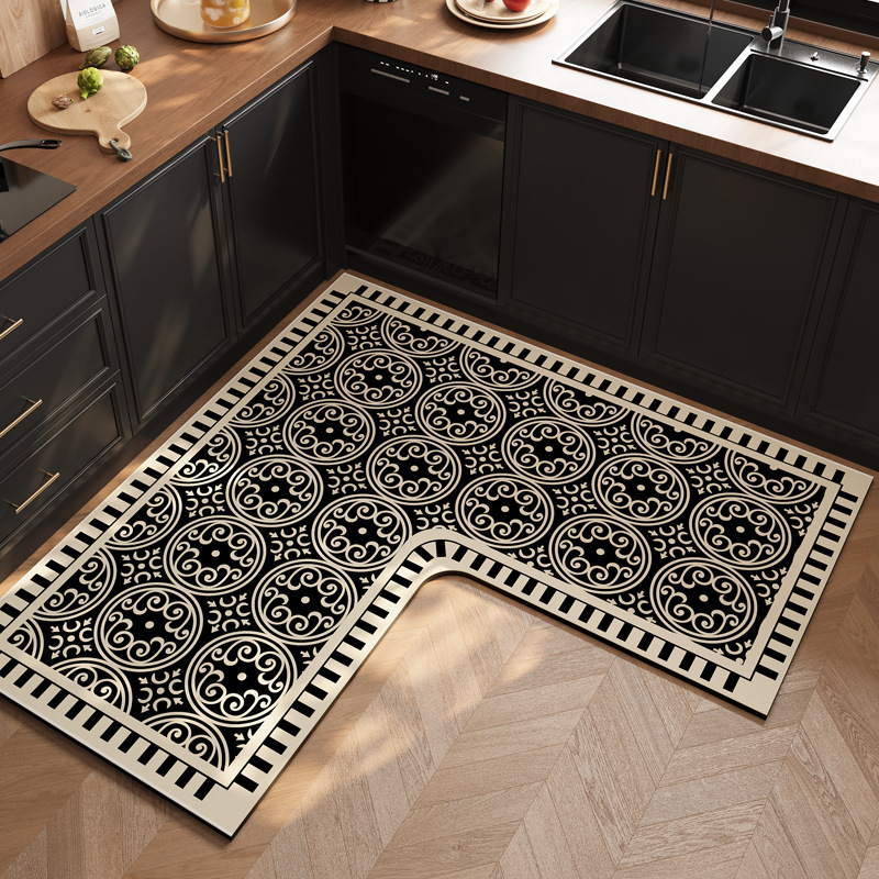 L-shaped Retro Kitchen Special Long Floor Mat Scrubbable Water-absorbent and Oil-absorbent Foot Mat Non-slip Diatom Mud Floor Mat