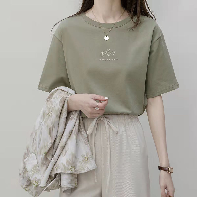 Short-sleeved Korean-style Round Neck T-shirt Women's Summer Loose Plant-printed Casual Solid Color Hot Student's Half-sleeved Top