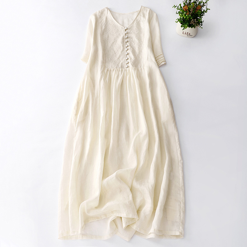 2023 Summer New Embroidered Cotton and Linen Solid Color Apricot V-neck dress Artistic Loose Casual plus size A- line Skirt