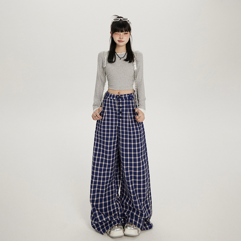 Blue Plaid Casual Pants for Women 2025 Spring & Fall New High-Waisted Straight Loose Draped Slimming Look Wide-Leg Floor Mopping Pants