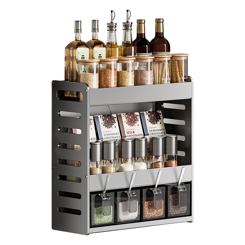 Gun gray kitchen storage rack punch-free multi-layer countertop wall-mounted seasoning bottle jar seasoning storage box hanging rack