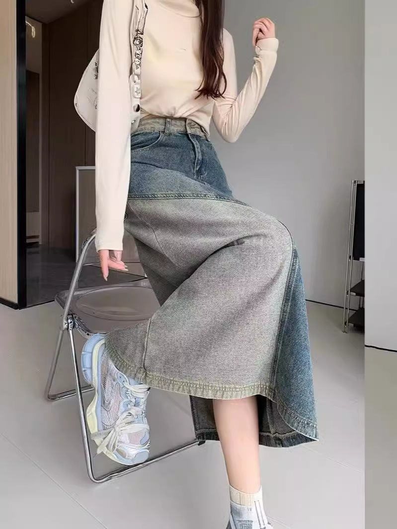 American Denim Large Skirt Skirt Women's Skirt Small Slit Skirt High Waist Splicing A-Line Long Skirt