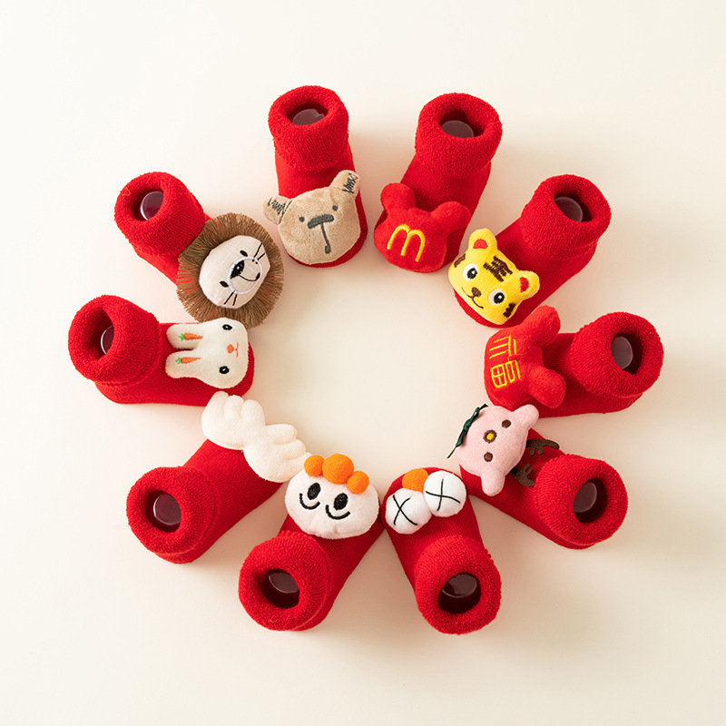 Picture of Newborn baby socks autumn and winter baby warm fleece-lined red terry non-slip Christmas floor socks toddler socks wholesale