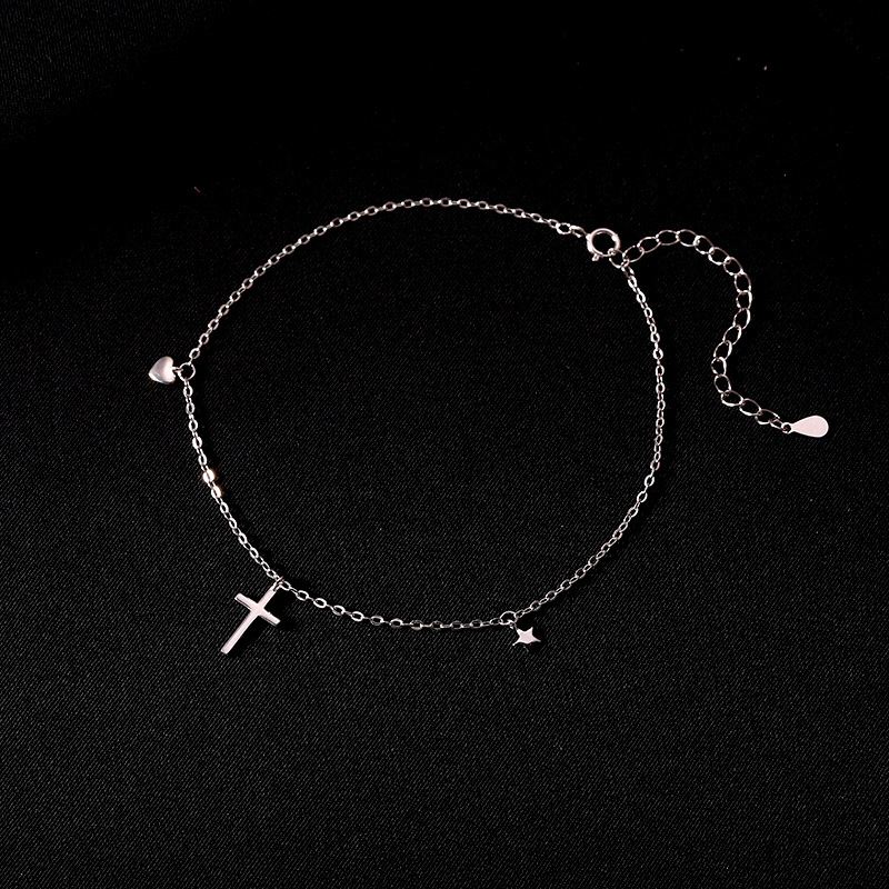 Silver Zhen New S925 Sterling Silver Anklet Girl's High Sense Niche Design Light Luxury Tassel Cross Leg Decoration for Ladies