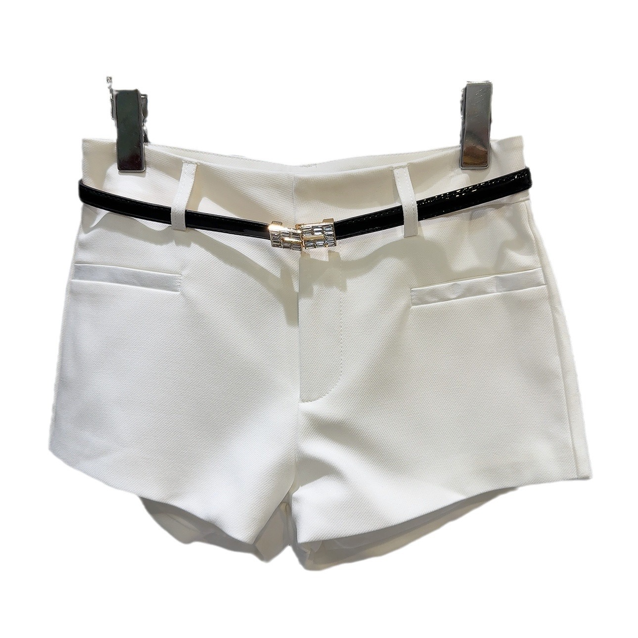 Picture of Internet Celebrity Same Style 2024 Summer Gem Belt Decoration Solid Color Elegant Workplace Women's Straight Three-point Suit Shorts