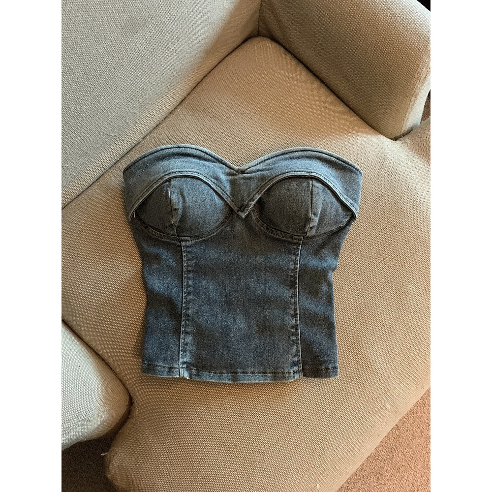 Picture of Fashion hot girl retro color Denim tube top women's summer 2023 new sweet cool all-match off-shoulder navel short top