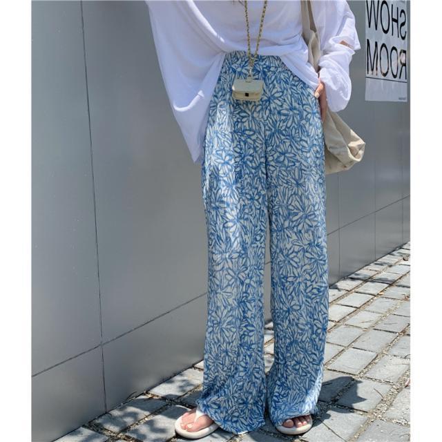 Blue and White Flower Pad Dye Casual Pants Women's Pleated Style Small Fresh Wide Leg Pants High Waist Thin Loose Long Mop Pants