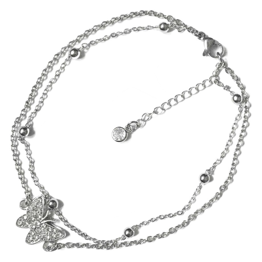 Sparkling Diamond Butterfly Double Layer Anklet Silver Foot Accessories Zircon Tail Pendant Summer Fresh and Easiest for Match Foot Accessories Manufacturer Wholesale