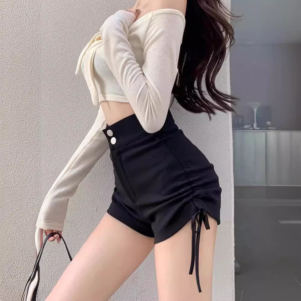 Black High Waist Side Drawstring Shorts Women's 2025 Summer New Sexy Spice Girls All-match Fashionable Elastic Shorts