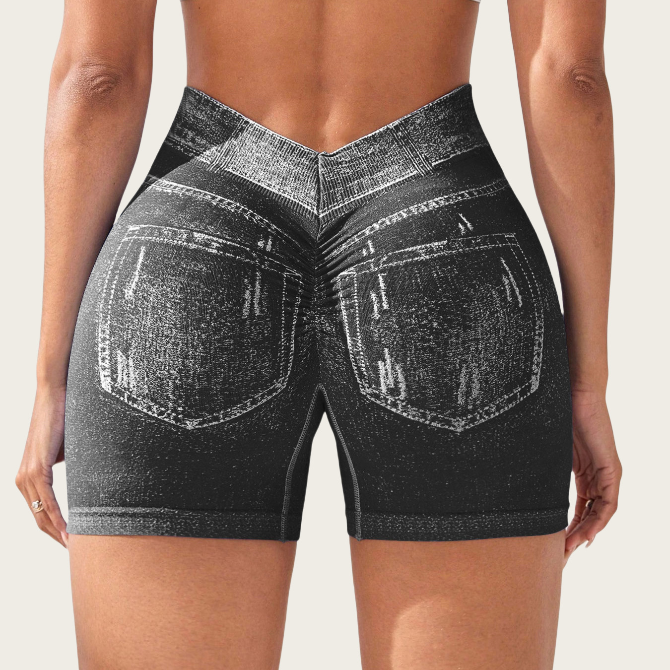 European and American Imitation Denim Seamless Yoga Shorts Women's Rear V Waist Hip Quick-drying Tight Running Sports Fitness Shorts