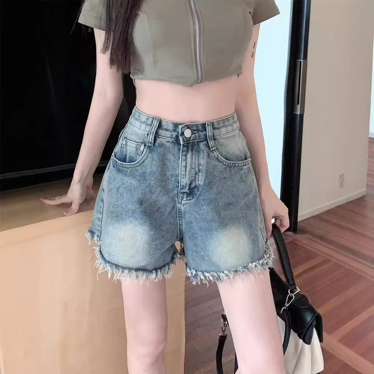 Rap Edge Niche Design Sense plus size chubby girl Denim Shorts Women's High Waist Summer Thin Hot Pants Hot A- line Wide Leg Pants