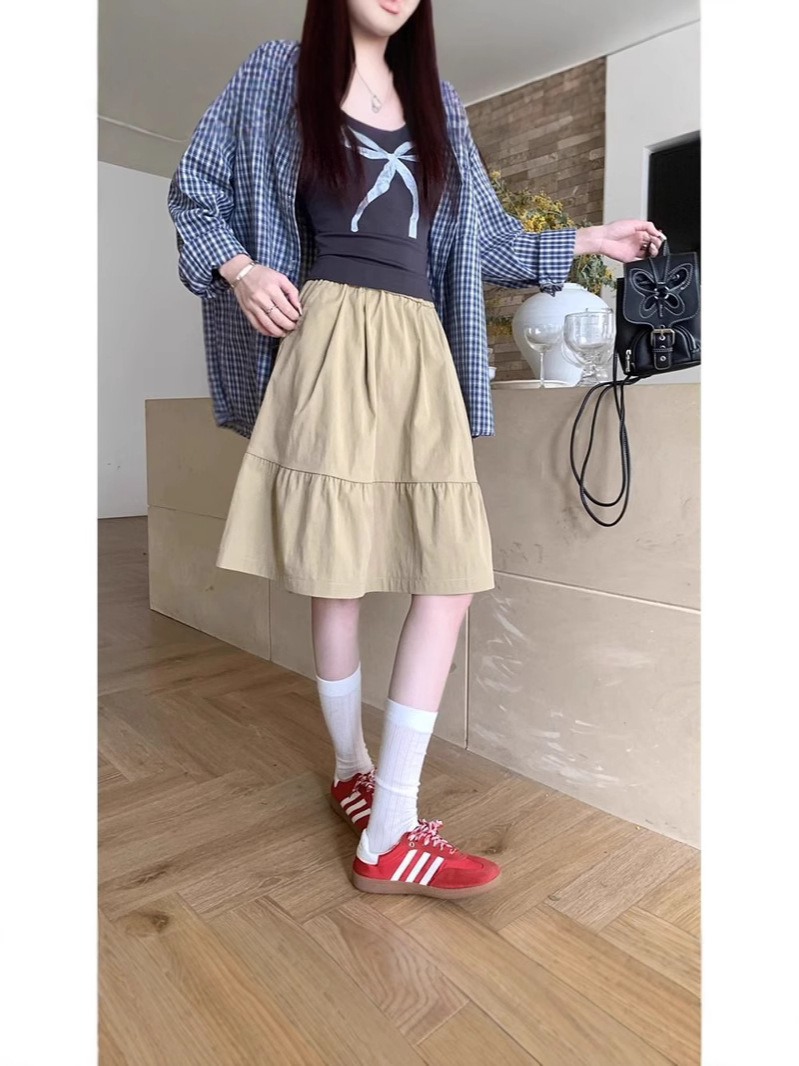 Lazy Style Casual Elastic Waist Skirt 2025 Spring and Summer New Korean Style High Waist Slimming Look Fluffy A-Line Skirt for Women