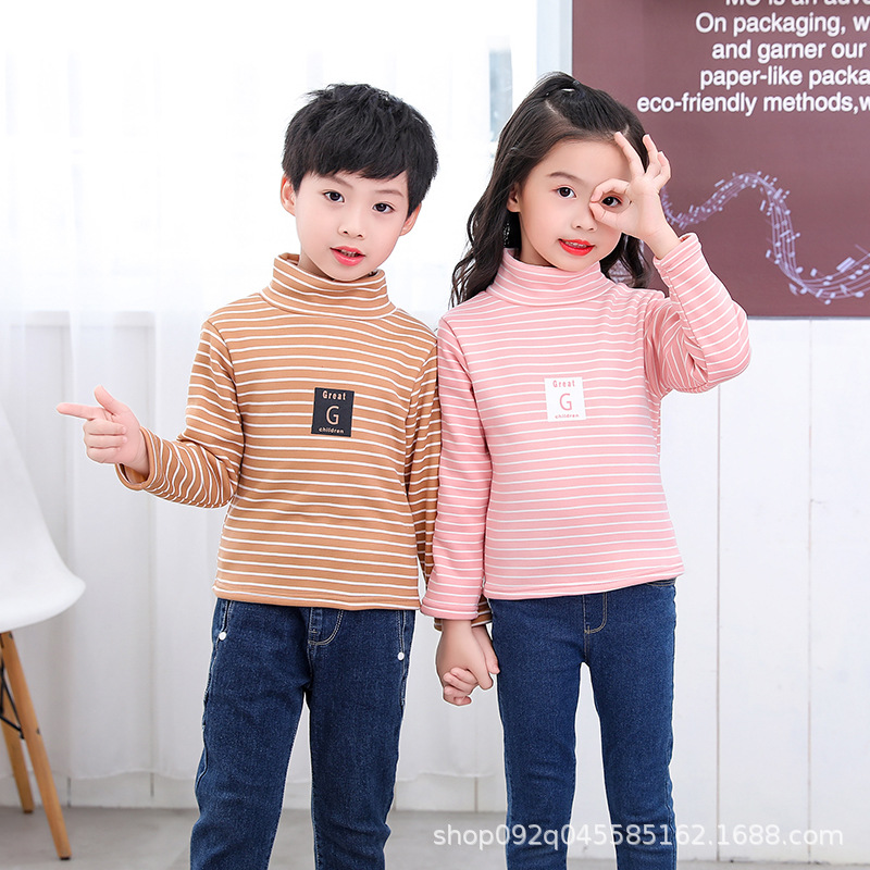 Picture of 2025 Kidsren's Bottoming Shirt Half Turtleneck Fleece-Lined Stripesd Long-Sleeved Warm Top for Boys and Girls Trbottomy Korean Style Autumn and Winter Kidsren's Clothing