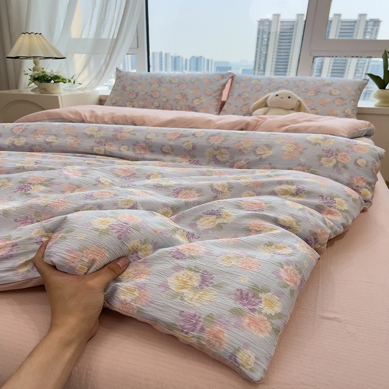 Picture of Double-Layer Gauze Wrinkled Cotton Bed Four-Piece Set Small Fresh Quilt Cover Home Ins Style Floral Summer New Three-Piece Set