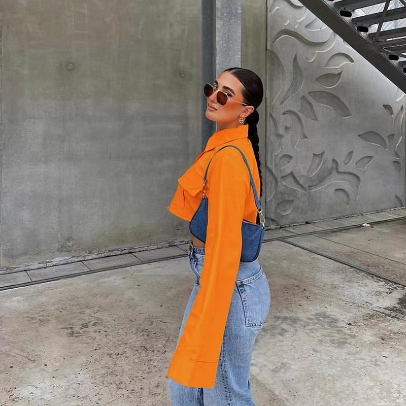 Picture of 2022 European and American Autum New Shirt Sense of Design Pure Color Flap Pocket Pants Short Design Sense of Design Casual Ins Top for Women