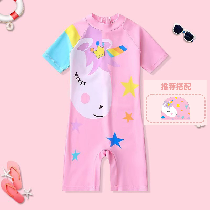 Picture of 2024 Girls' Swimsuit Cartoon Short Sleeve Children's One-Piece Swimwear for Ages 3-6 Boys' Swimwear Set with Cartoon Swim Cap