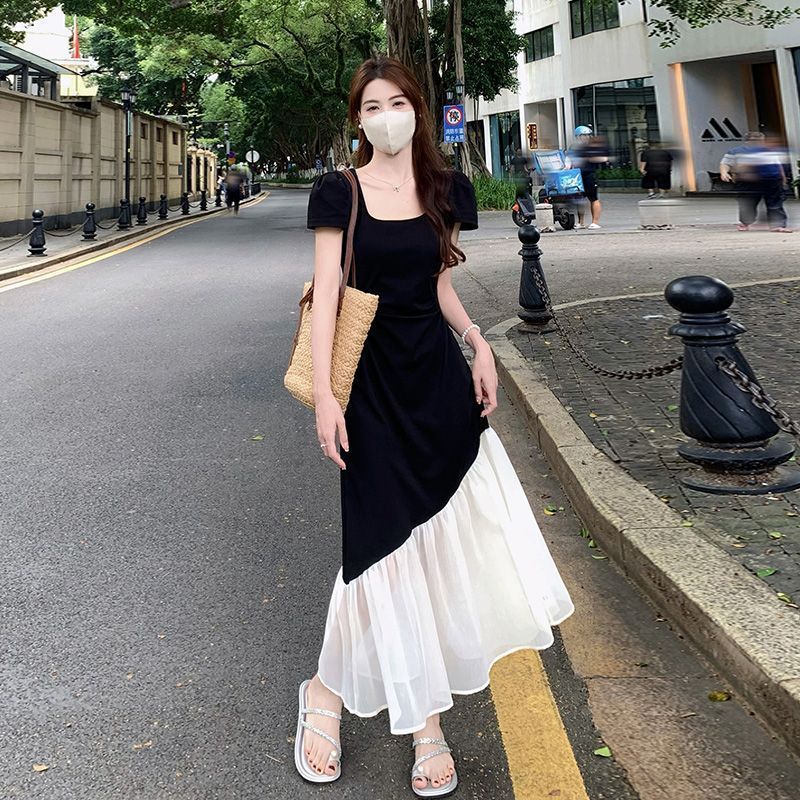 plus size French Short-sleeved dress Women's Summer Tight Waist Slim-fit Stitching Long Dress for Chubby Women Hepburn Style Contrast Dress
