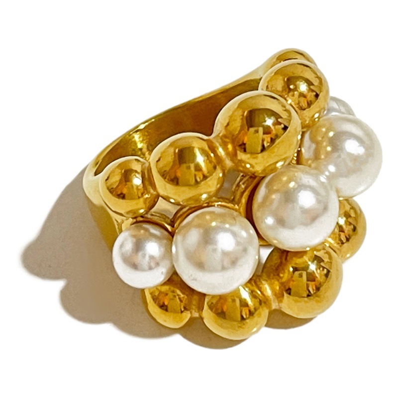 Picture of European and American style exaggerated high-level multi-layer beaded pearl stainless steel ring for women retro temperament pearl ring for women
