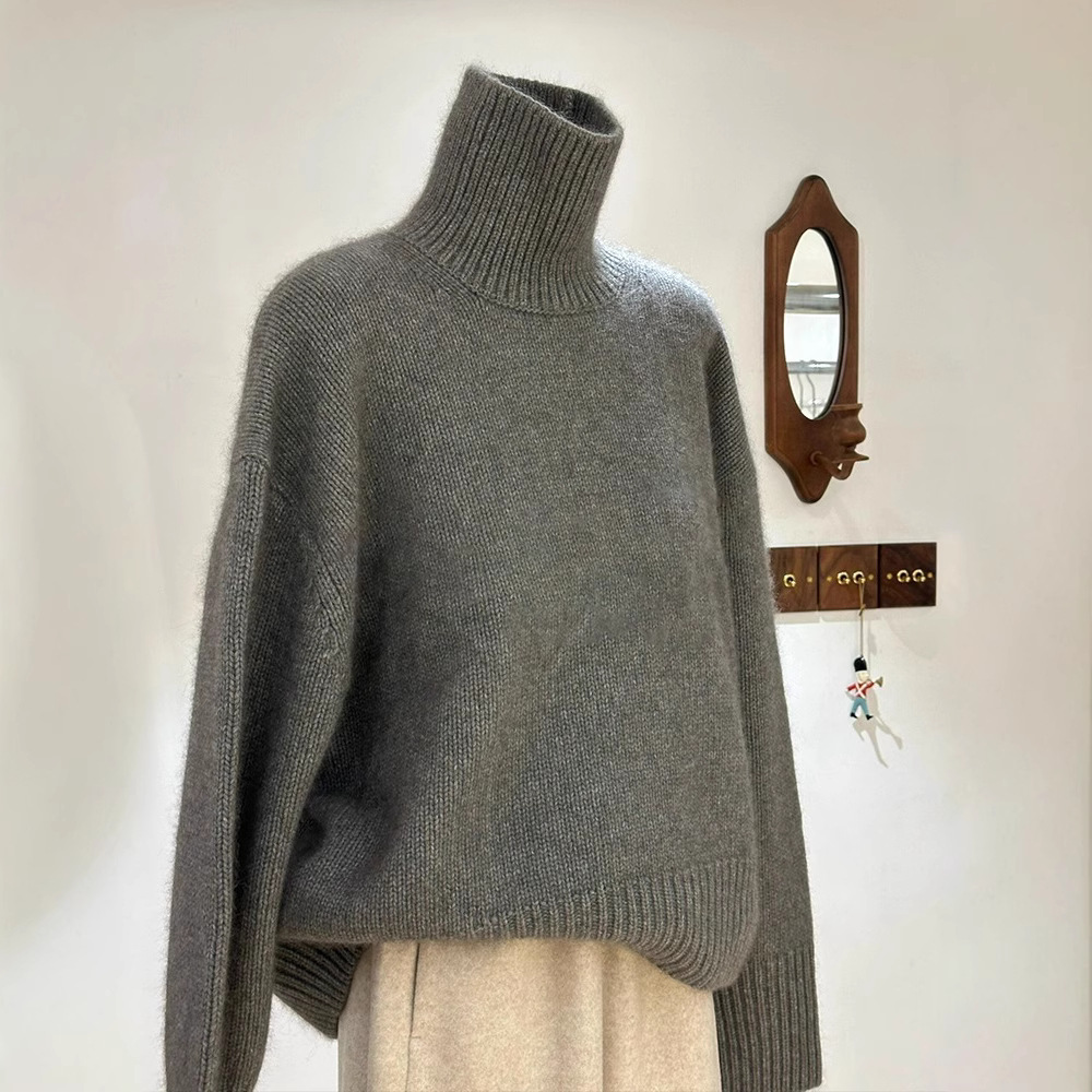 recommend! Grey Soft Waxy Turtleneck Women's Autumn and Winter Thickened Loose Lazy Style Loose Base Knitted Sweater for Women