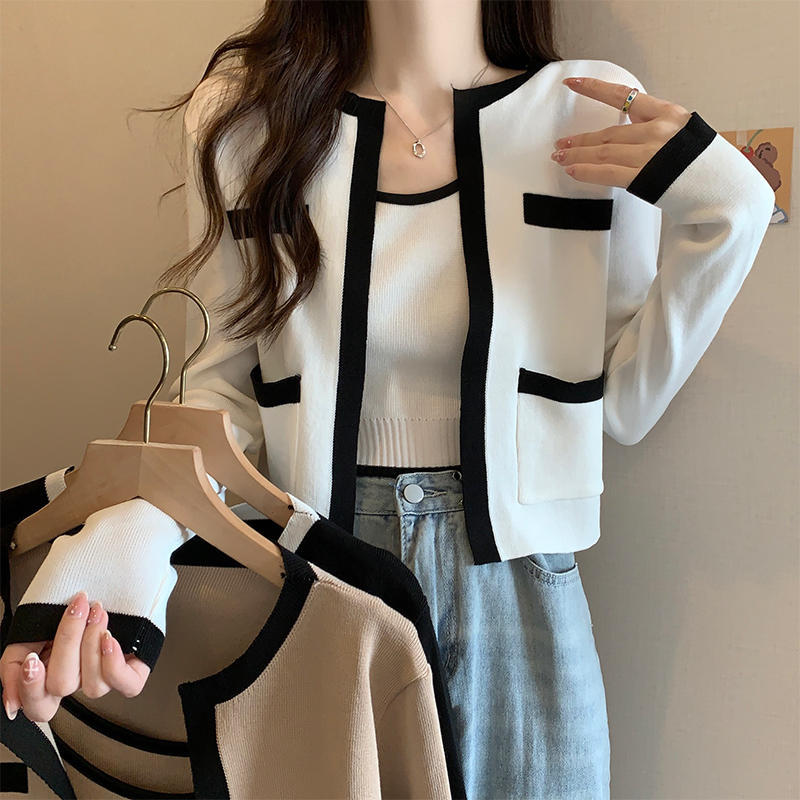 Early Autumn New Hundred Dozen Small Chanel Style Slimming Meat Covering suit Knitted Cardigan Jacket Sling Two-piece Set for Women