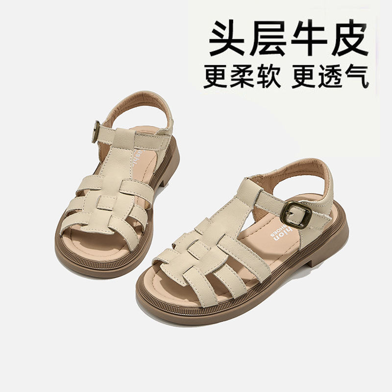 Genuine Leather Girls' Sandals Summer 2025 New Fashionable Little Girl Soft Sole Full Leather Shoes Western Style Princess