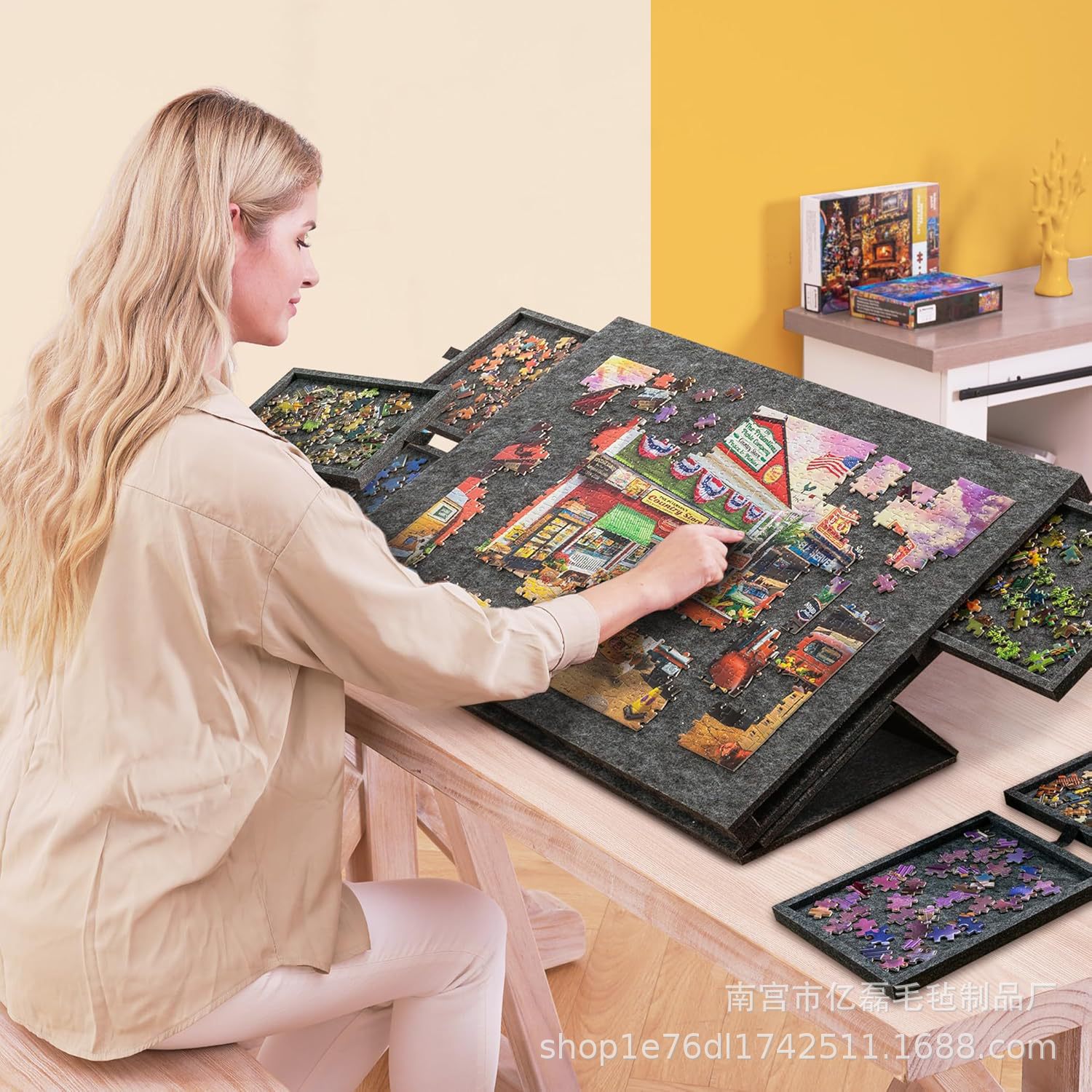 Cross-border New Children's Jigsaw Puzzle Classification Felt Board Foldable with Bracket Lid 6 Drawer Felt Puzzle Table Board