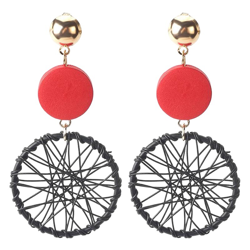 Japanese and Korean New Elegant Long Wooden Tassel Earrings Retro Creative Hollow Geometric Wrapping Dream Catcher Earrings