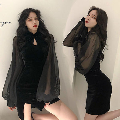 Wholesale slimming cheongsam autumn and winter New Stand Collar lantern sleeve high waist skirt split hip stitching velvet dress