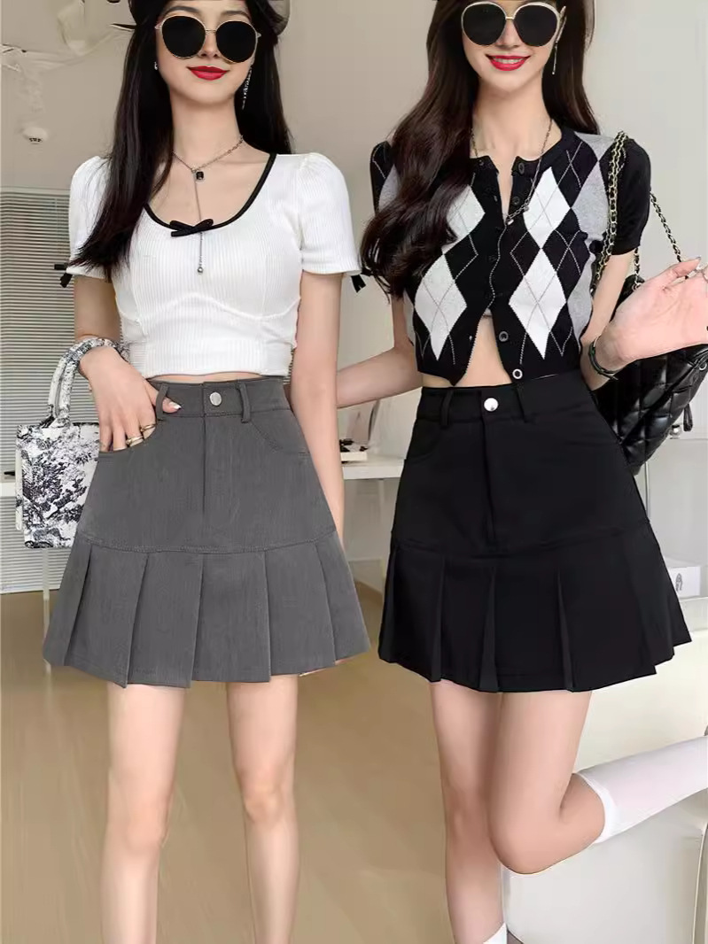 2024 Summer New High Waist A- Line Pleated Skirt Women's plus size chubby girl Grey Slim Korean Style Belly Covering Skirt