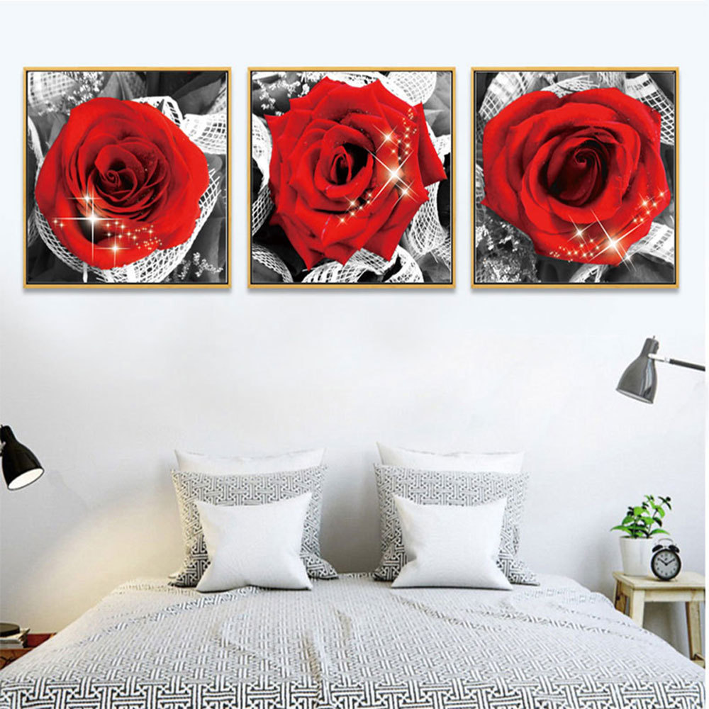 Cross-border wall painting Nordic modern beautiful red rose flower triple living room bedroom frameless decorative painting core