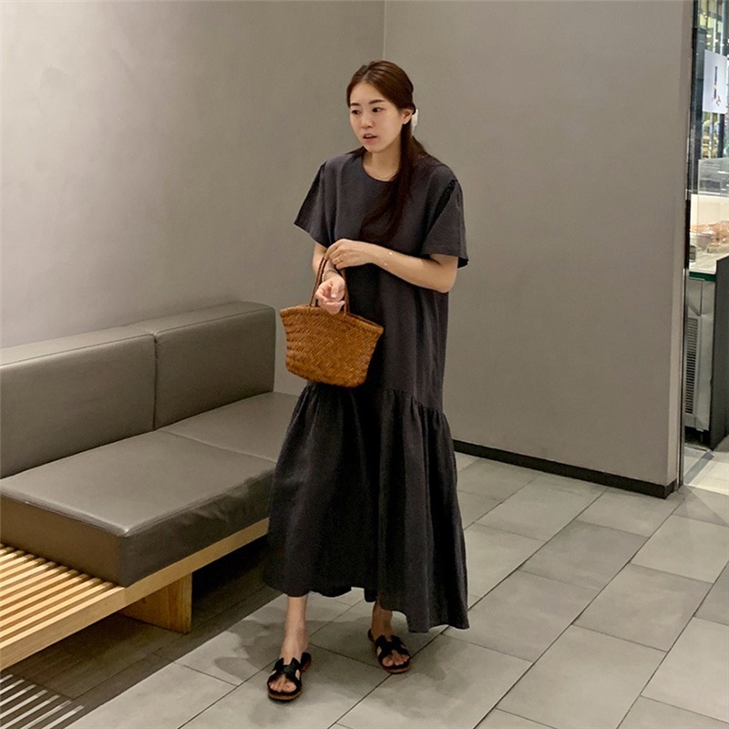 Picture of Japanese summer new style loose slimming short sleeve cotton linen dress women's casual retro to ankle Mori women's long skirt