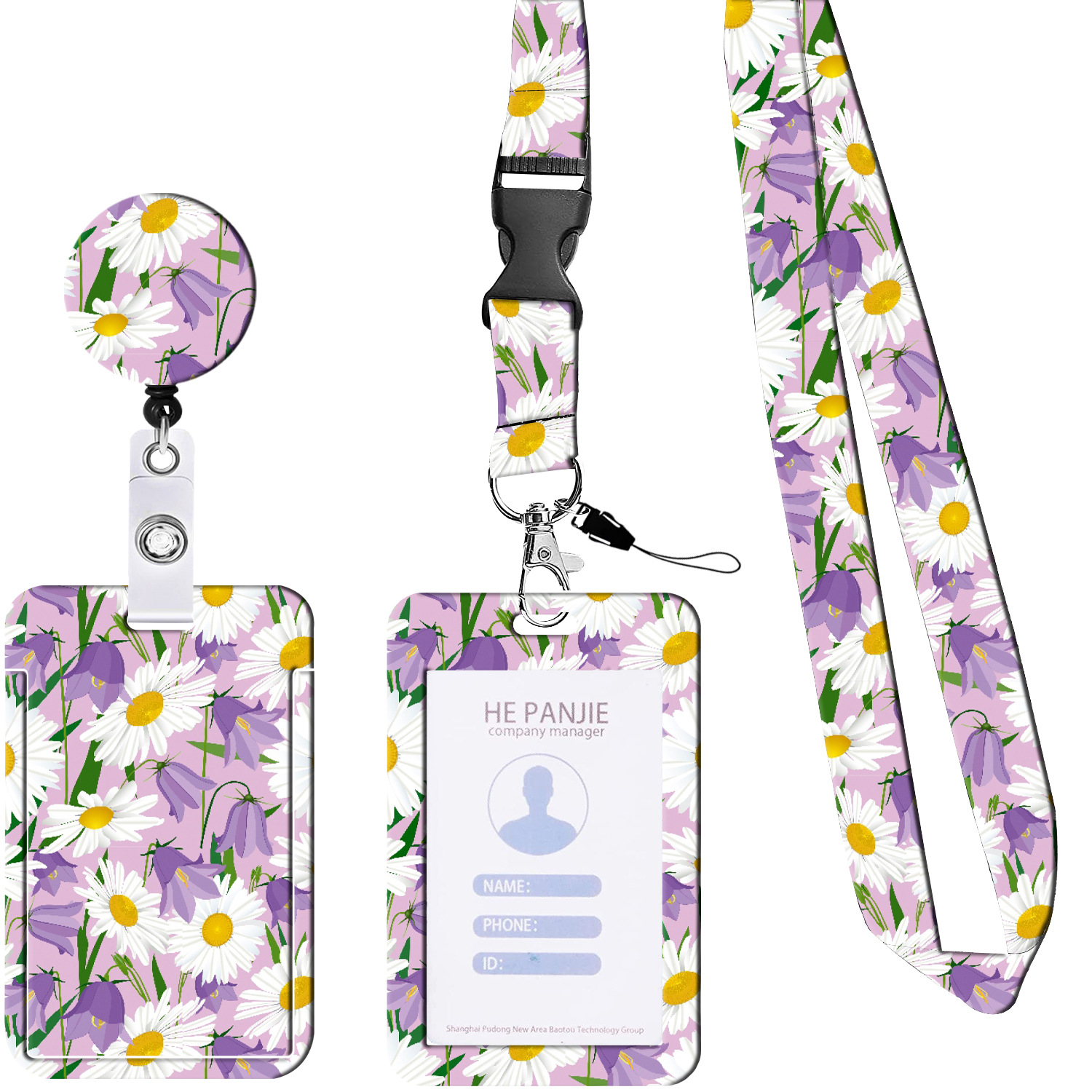 Picture of Amazon Hot Sale Floral Sunflower Sunflower Lanyard Card Case ID Buckle Easy Pull Buckle Telescopic Easy Pull Set