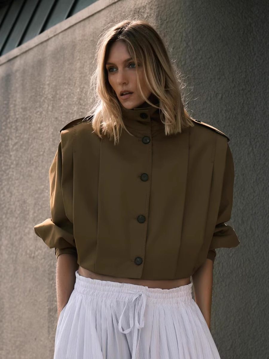European and American Cross-border Women's 2025 Spring New Retro Tooling Style Pleated Breasted Short Jacket Coat Top