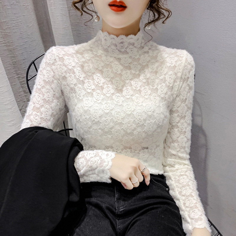 Picture of Half-high Collar Lace Base Shirt Women's Autumn and Winter European Inner Shirt Sanding Long-sleeved T-shirt Mesh Hollow Top